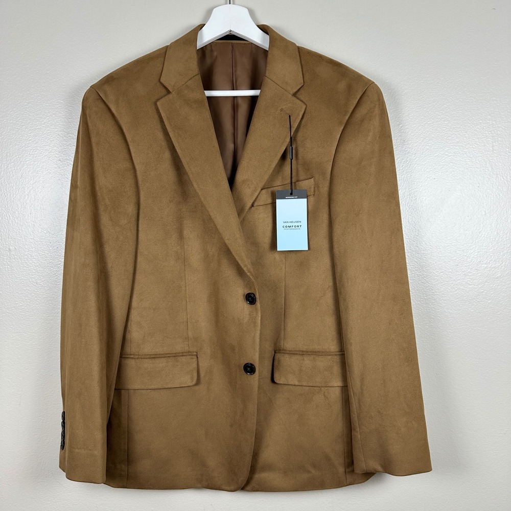 Van Heusen Men's 40 Short Blazer Dark Camel Faux Suede Modern Fit Sport Coat NEW